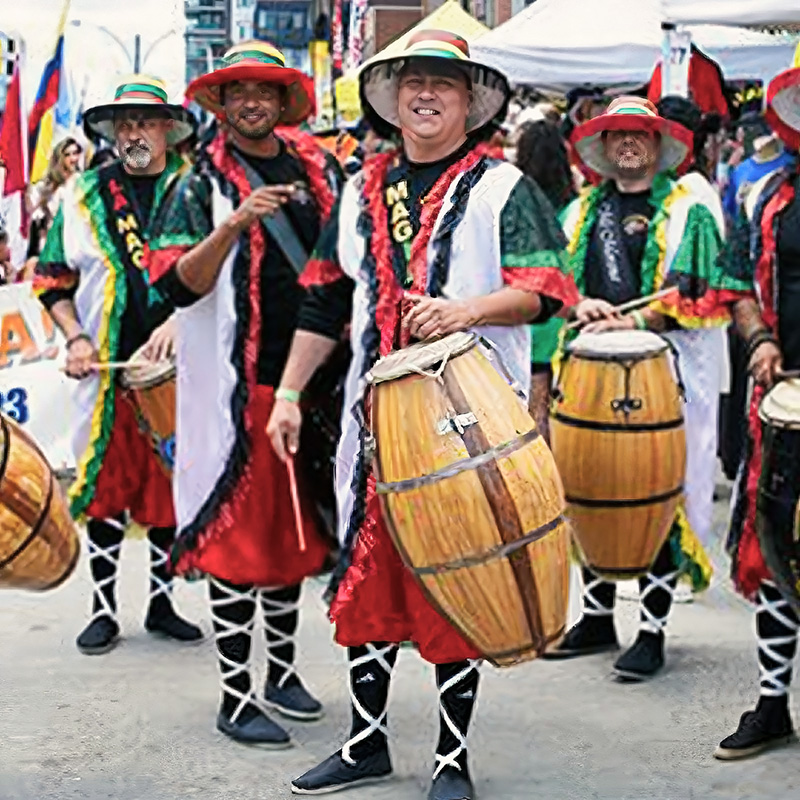 Candombe Drummers in colorful costumes