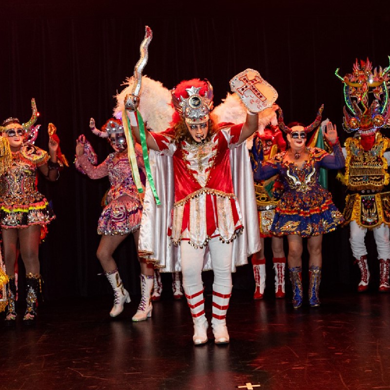 Brightly costumed Diablada dancers